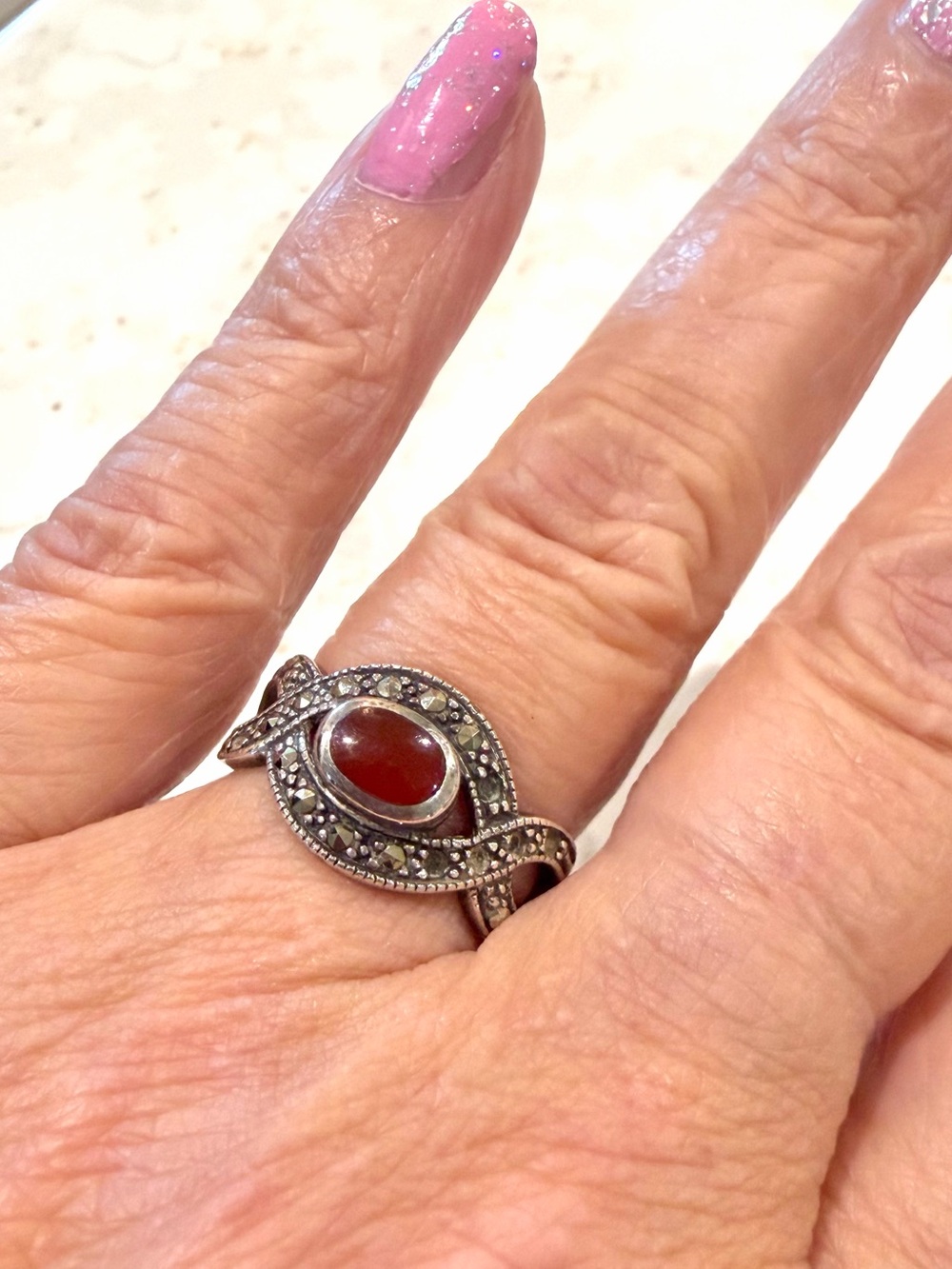 Vintage Sterling Silver Carnelian & Marcasite Ring Art Deco Style 925 TH KC Sz 6